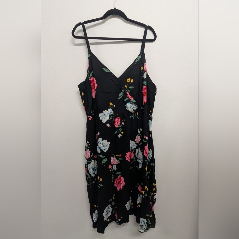 Old Navy Black Floral Midi Dress with Pink & Blue Blooms